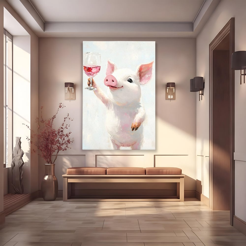 Tablou Canvas Premium, LuxCanva® N1036, Somelierul Rozaliu, Purcel, Animal, Pahar, Vin Rosu, Toast, Dragalas, Petrecere, Veselie, Noroc, Pub, Bar, Restaurant, Bucatarie