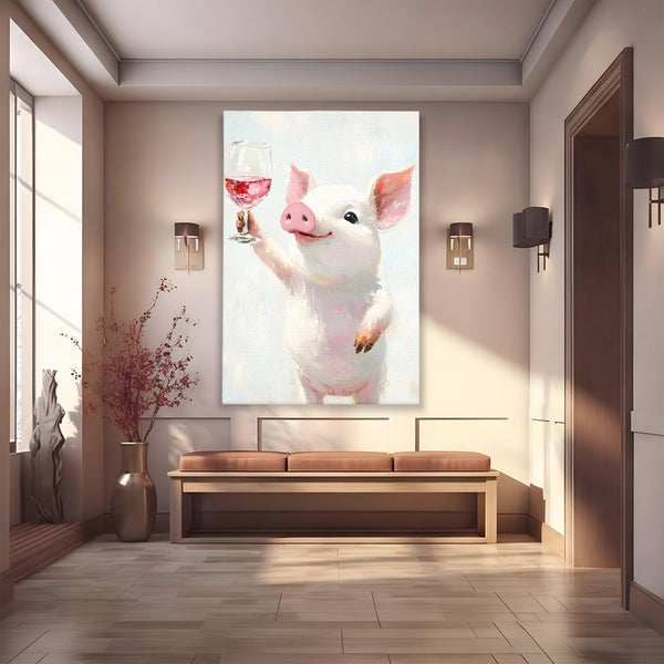 Tablou Canvas Premium, LuxCanva® N1036, Somelierul Rozaliu, Purcel, Animal, Pahar, Vin Rosu, Toast, Dragalas, Petrecere, Veselie, Noroc, Pub, Bar, Restaurant, Bucatarie