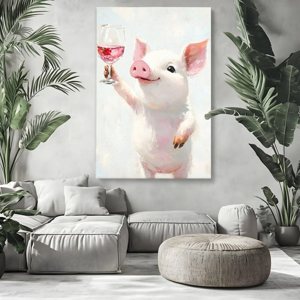 Tablou Canvas Premium, LuxCanva® N1036, Somelierul Rozaliu, Purcel, Animal, Pahar, Vin Rosu, Toast, Dragalas, Petrecere, Veselie, Noroc, Pub, Bar, Restaurant, Bucatarie
