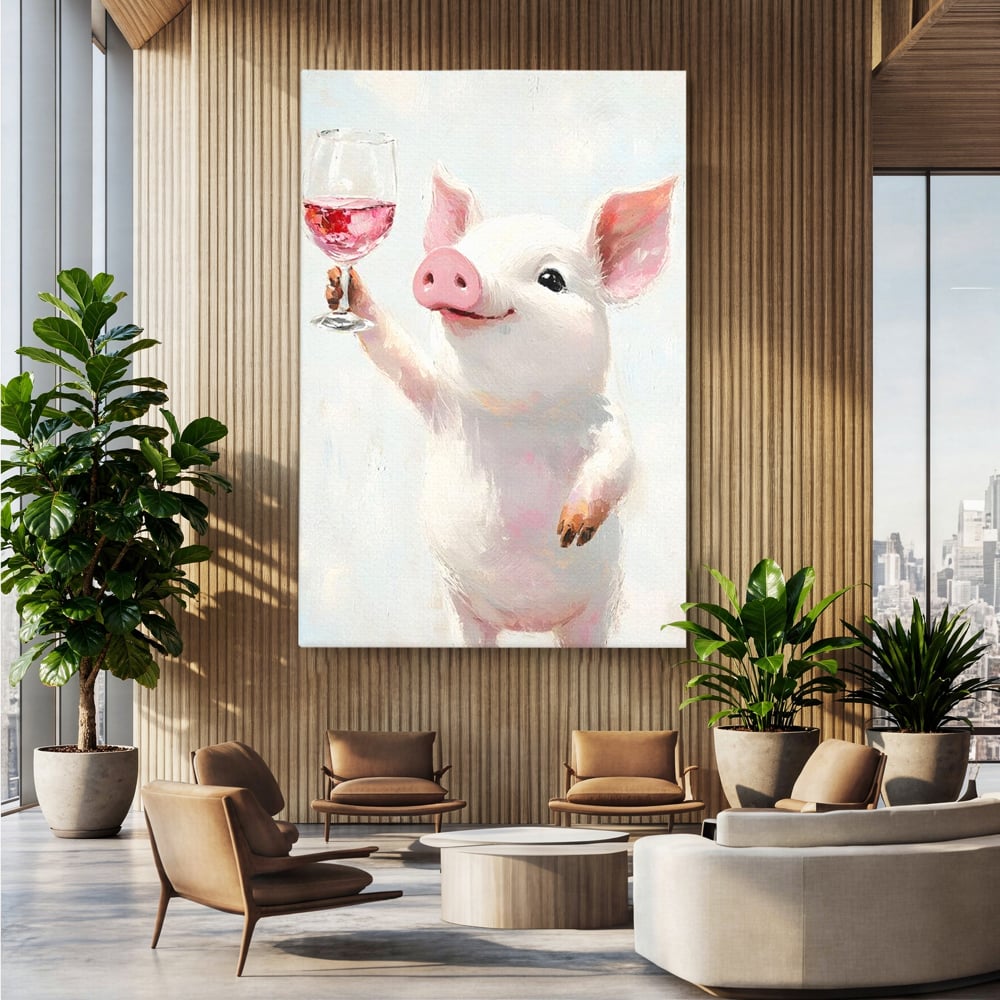 Tablou Canvas Premium, LuxCanva® N1036, Somelierul Rozaliu, Purcel, Animal, Pahar, Vin Rosu, Toast, Dragalas, Petrecere, Veselie, Noroc, Pub, Bar, Restaurant, Bucatarie