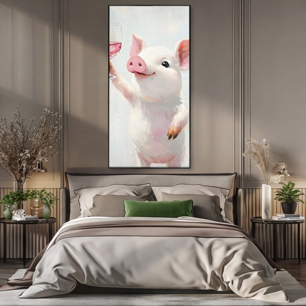 Tablou Canvas Premium, LuxCanva® N1036, Somelierul Rozaliu, Purcel, Animal, Pahar, Vin Rosu, Toast, Dragalas, Petrecere, Veselie, Noroc, Pub, Bar, Restaurant, Bucatarie