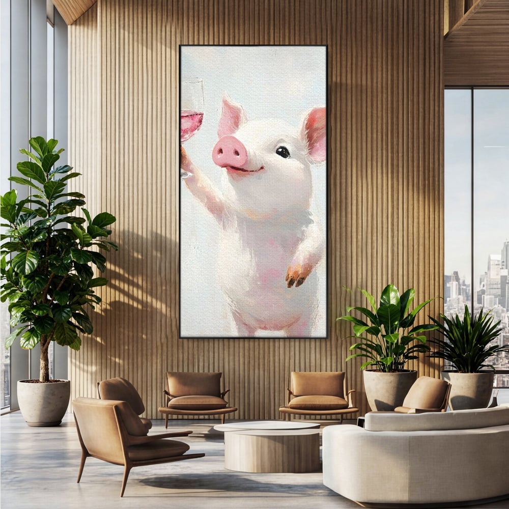 Tablou Canvas Premium, LuxCanva® N1036, Somelierul Rozaliu, Purcel, Animal, Pahar, Vin Rosu, Toast, Dragalas, Petrecere, Veselie, Noroc, Pub, Bar, Restaurant, Bucatarie