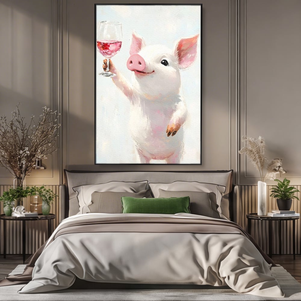 Tablou Canvas Premium, LuxCanva® N1036, Somelierul Rozaliu, Purcel, Animal, Pahar, Vin Rosu, Toast, Dragalas, Petrecere, Veselie, Noroc, Pub, Bar, Restaurant, Bucatarie