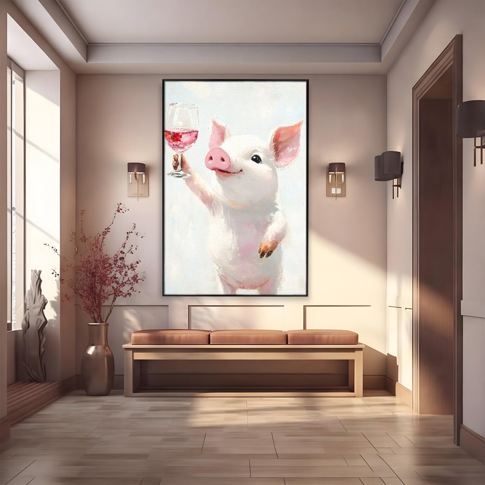 Tablou Canvas Premium, LuxCanva® N1036, Somelierul Rozaliu, Purcel, Animal, Pahar, Vin Rosu, Toast, Dragalas, Petrecere, Veselie, Noroc, Pub, Bar, Restaurant, Bucatarie