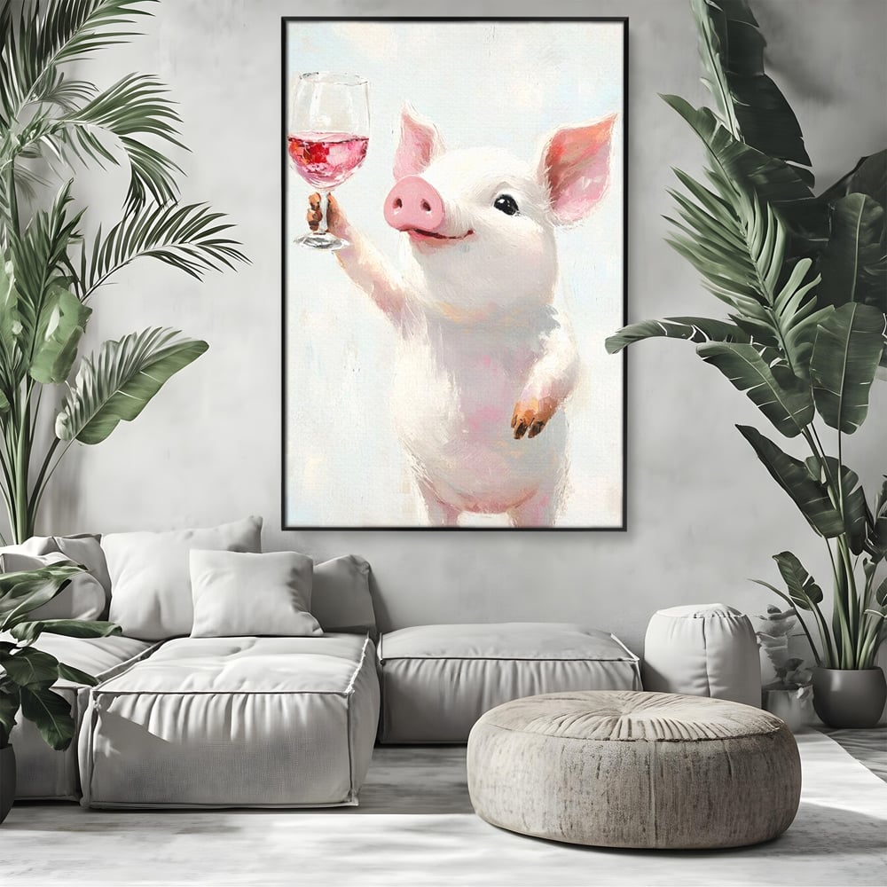 Tablou Canvas Premium, LuxCanva® N1036, Somelierul Rozaliu, Purcel, Animal, Pahar, Vin Rosu, Toast, Dragalas, Petrecere, Veselie, Noroc, Pub, Bar, Restaurant, Bucatarie