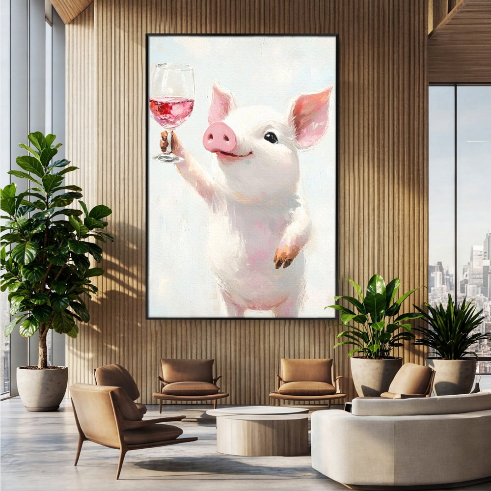 Tablou Canvas Premium, LuxCanva® N1036, Somelierul Rozaliu, Purcel, Animal, Pahar, Vin Rosu, Toast, Dragalas, Petrecere, Veselie, Noroc, Pub, Bar, Restaurant, Bucatarie
