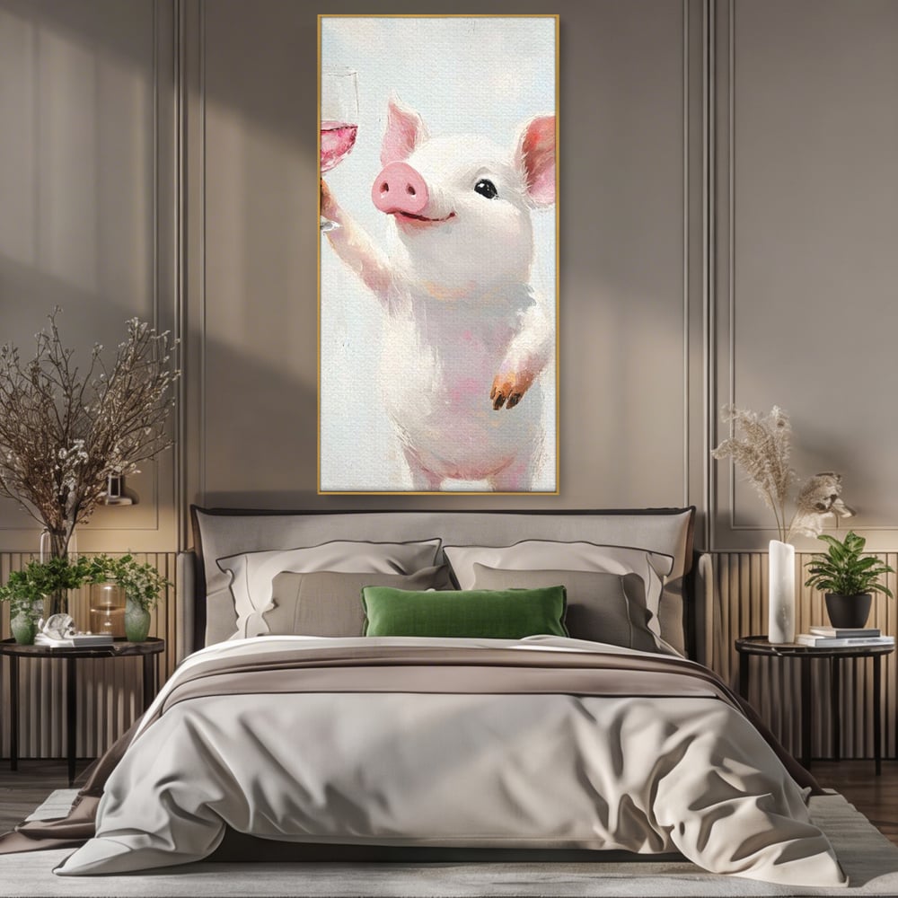 Tablou Canvas Premium, LuxCanva® N1036, Somelierul Rozaliu, Purcel, Animal, Pahar, Vin Rosu, Toast, Dragalas, Petrecere, Veselie, Noroc, Pub, Bar, Restaurant, Bucatarie