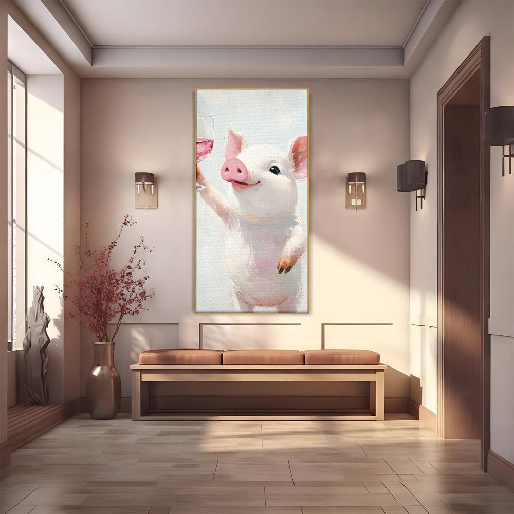 Tablou Canvas Premium, LuxCanva® N1036, Somelierul Rozaliu, Purcel, Animal, Pahar, Vin Rosu, Toast, Dragalas, Petrecere, Veselie, Noroc, Pub, Bar, Restaurant, Bucatarie