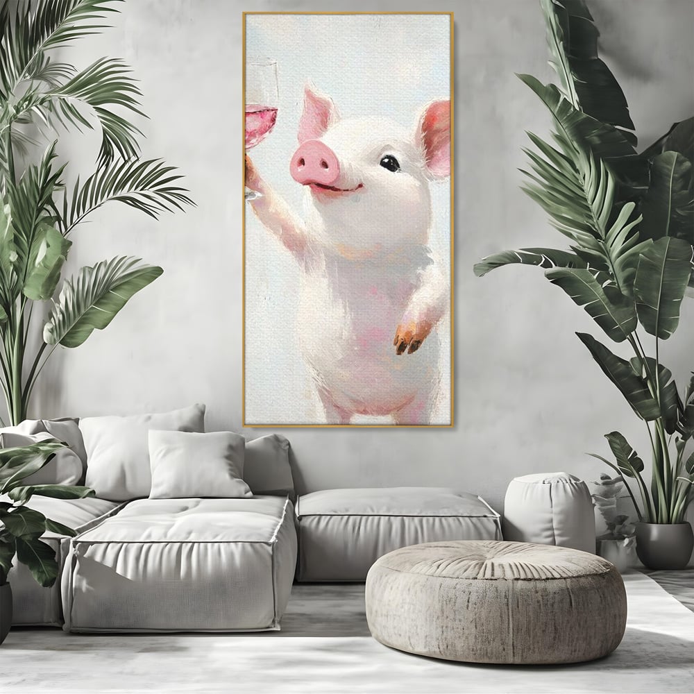 Tablou Canvas Premium, LuxCanva® N1036, Somelierul Rozaliu, Purcel, Animal, Pahar, Vin Rosu, Toast, Dragalas, Petrecere, Veselie, Noroc, Pub, Bar, Restaurant, Bucatarie
