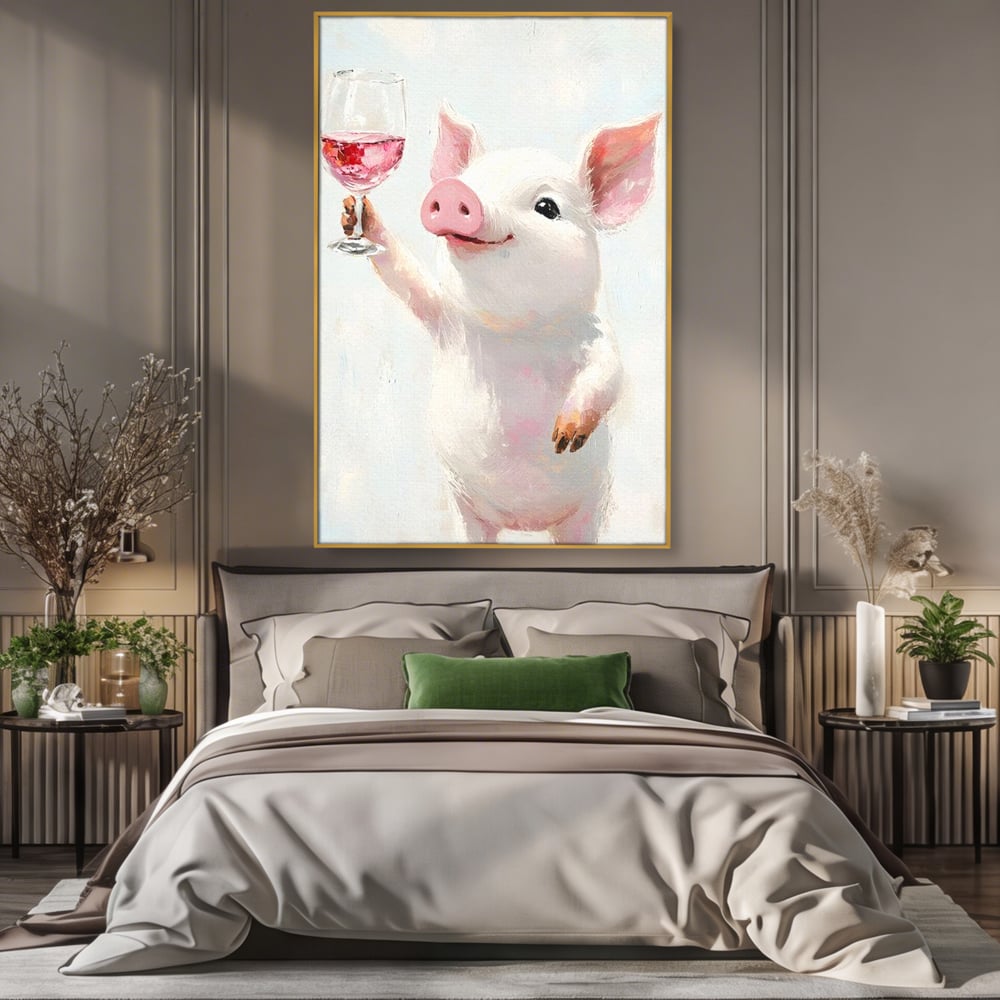 Tablou Canvas Premium, LuxCanva® N1036, Somelierul Rozaliu, Purcel, Animal, Pahar, Vin Rosu, Toast, Dragalas, Petrecere, Veselie, Noroc, Pub, Bar, Restaurant, Bucatarie