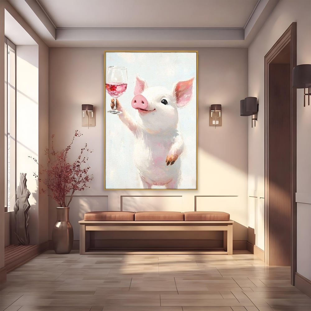 Tablou Canvas Premium, LuxCanva® N1036, Somelierul Rozaliu, Purcel, Animal, Pahar, Vin Rosu, Toast, Dragalas, Petrecere, Veselie, Noroc, Pub, Bar, Restaurant, Bucatarie