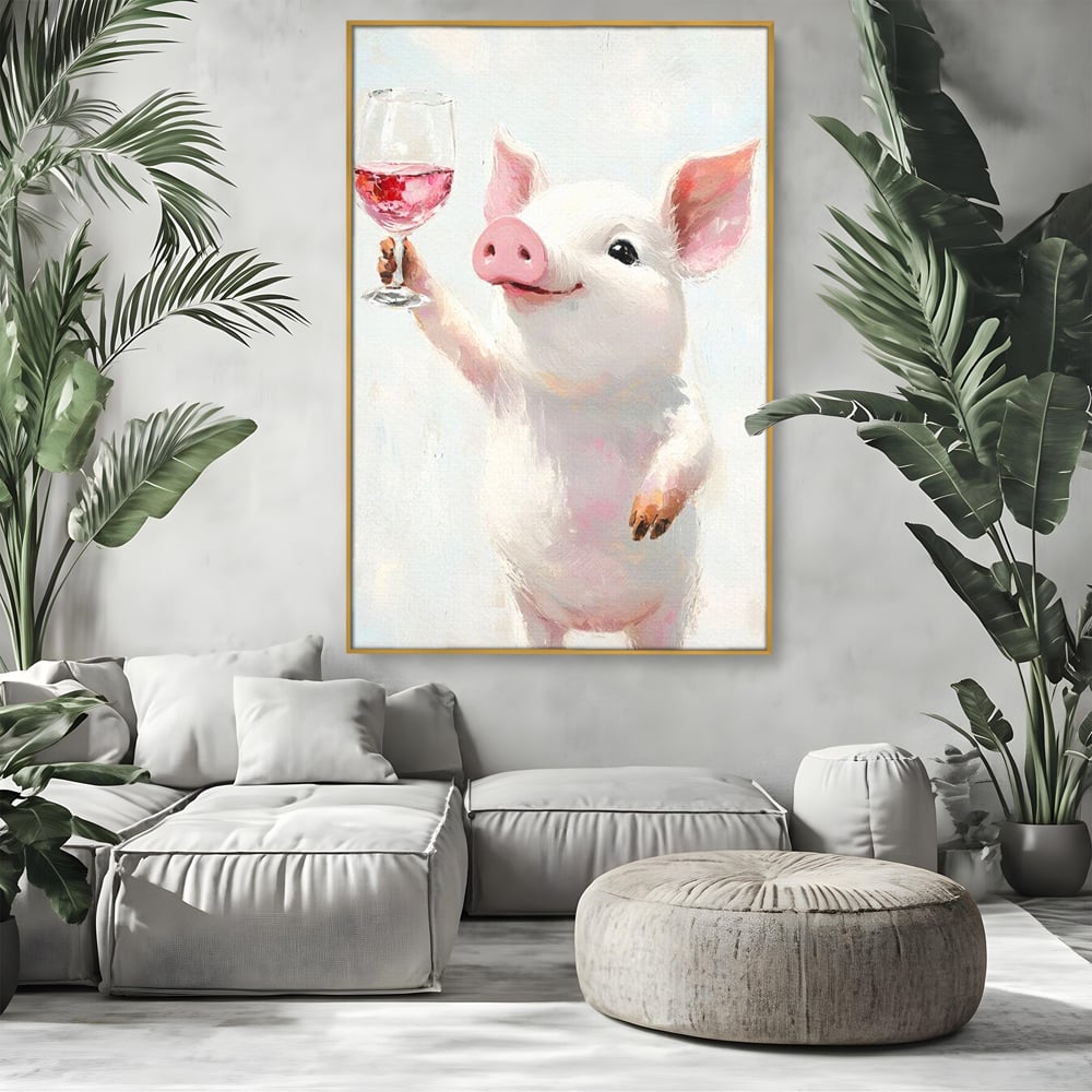 Tablou Canvas Premium, LuxCanva® N1036, Somelierul Rozaliu, Purcel, Animal, Pahar, Vin Rosu, Toast, Dragalas, Petrecere, Veselie, Noroc, Pub, Bar, Restaurant, Bucatarie