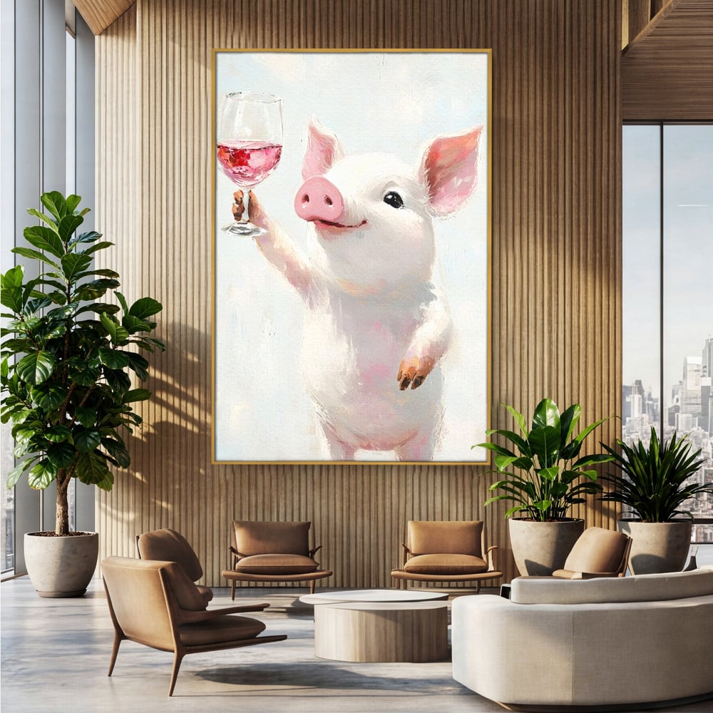 Tablou Canvas Premium, LuxCanva® N1036, Somelierul Rozaliu, Purcel, Animal, Pahar, Vin Rosu, Toast, Dragalas, Petrecere, Veselie, Noroc, Pub, Bar, Restaurant, Bucatarie