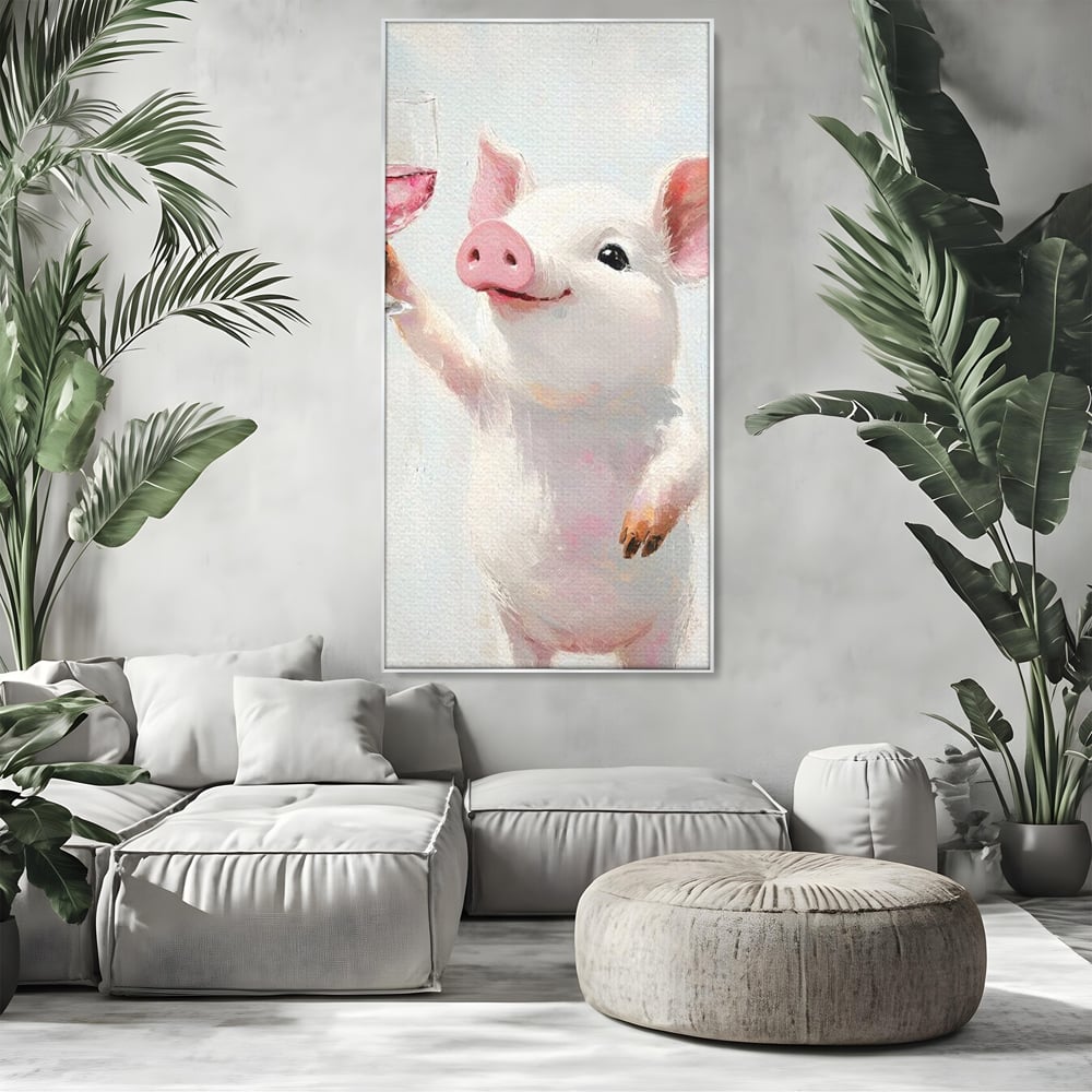 Tablou Canvas Premium, LuxCanva® N1036, Somelierul Rozaliu, Purcel, Animal, Pahar, Vin Rosu, Toast, Dragalas, Petrecere, Veselie, Noroc, Pub, Bar, Restaurant, Bucatarie