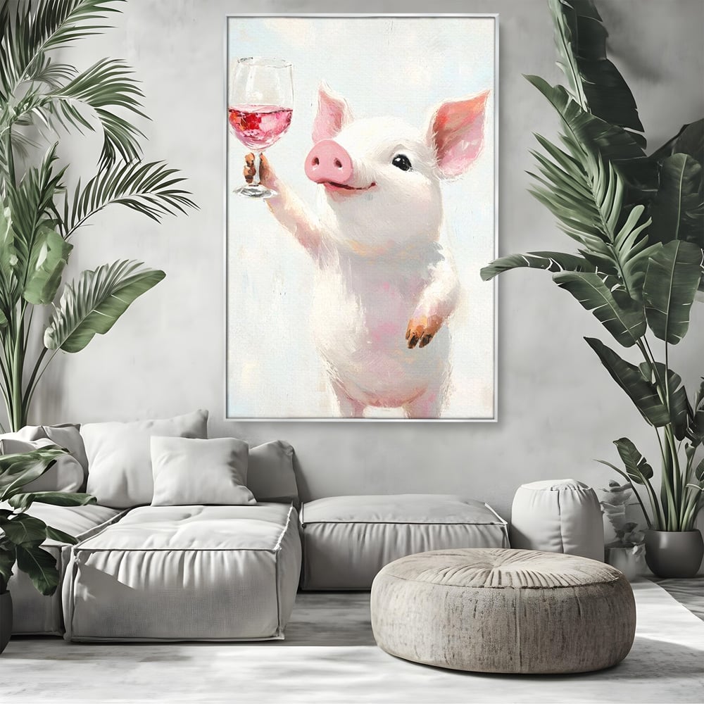 Tablou Canvas Premium, LuxCanva® N1036, Somelierul Rozaliu, Purcel, Animal, Pahar, Vin Rosu, Toast, Dragalas, Petrecere, Veselie, Noroc, Pub, Bar, Restaurant, Bucatarie