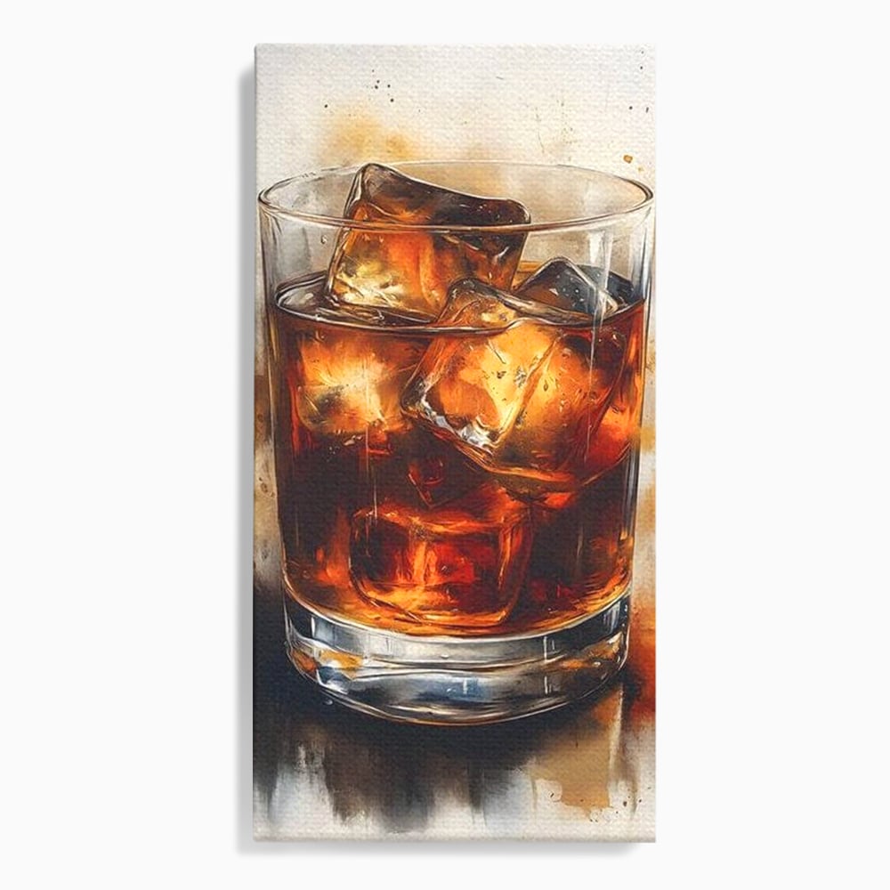 Leinwand Premium Canvas Wandkunst, LuxCanva® N1037, Nacht Glitter, Bourbon, Whisky, Cuba Libre, Cocktail, Glas, Eis, Getränk, Luxus, Abend, Kneipe, Bar, Lounge, Restaurant, Küche