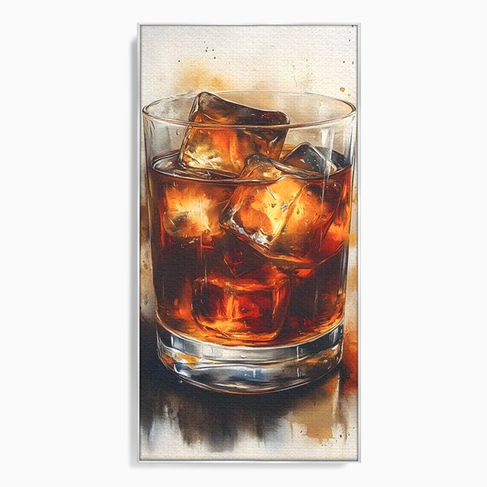 Leinwand Premium Canvas Wandkunst, LuxCanva® N1037, Nacht Glitter, Bourbon, Whisky, Cuba Libre, Cocktail, Glas, Eis, Getränk, Luxus, Abend, Kneipe, Bar, Lounge, Restaurant, Küche