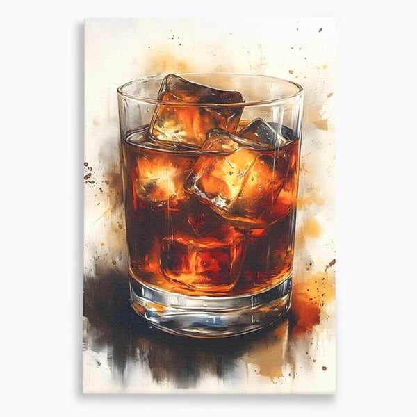 Leinwand Premium Canvas Wandkunst, LuxCanva® N1037, Nacht Glitter, Bourbon, Whisky, Cuba Libre, Cocktail, Glas, Eis, Getränk, Luxus, Abend, Kneipe, Bar, Lounge, Restaurant, Küche