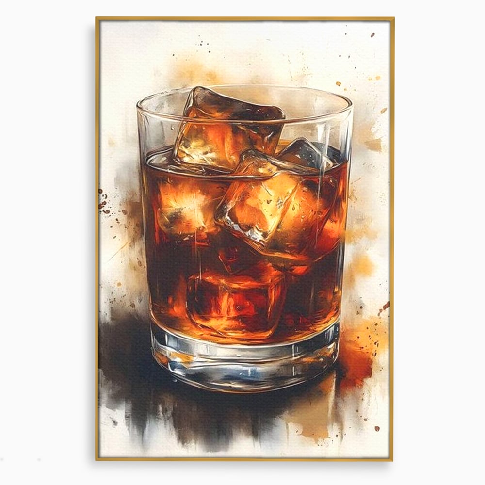 Leinwand Premium Canvas Wandkunst, LuxCanva® N1037, Nacht Glitter, Bourbon, Whisky, Cuba Libre, Cocktail, Glas, Eis, Getränk, Luxus, Abend, Kneipe, Bar, Lounge, Restaurant, Küche