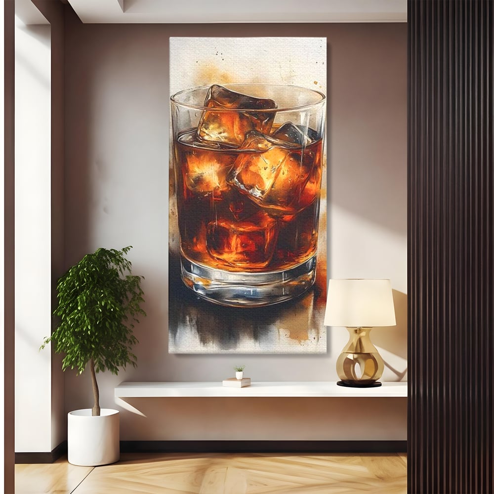 Leinwand Premium Canvas Wandkunst, LuxCanva® N1037, Nacht Glitter, Bourbon, Whisky, Cuba Libre, Cocktail, Glas, Eis, Getränk, Luxus, Abend, Kneipe, Bar, Lounge, Restaurant, Küche