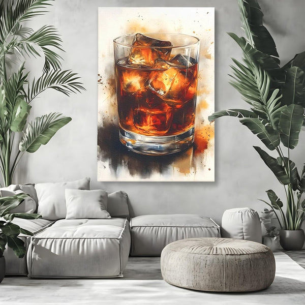 Leinwand Premium Canvas Wandkunst, LuxCanva® N1037, Nacht Glitter, Bourbon, Whisky, Cuba Libre, Cocktail, Glas, Eis, Getränk, Luxus, Abend, Kneipe, Bar, Lounge, Restaurant, Küche
