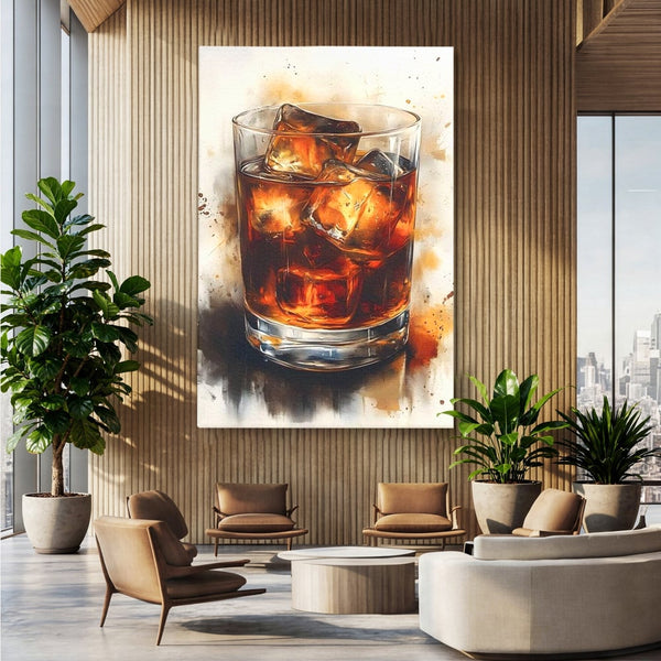 Leinwand Premium Canvas Wandkunst, LuxCanva® N1037, Nacht Glitter, Bourbon, Whisky, Cuba Libre, Cocktail, Glas, Eis, Getränk, Luxus, Abend, Kneipe, Bar, Lounge, Restaurant, Küche