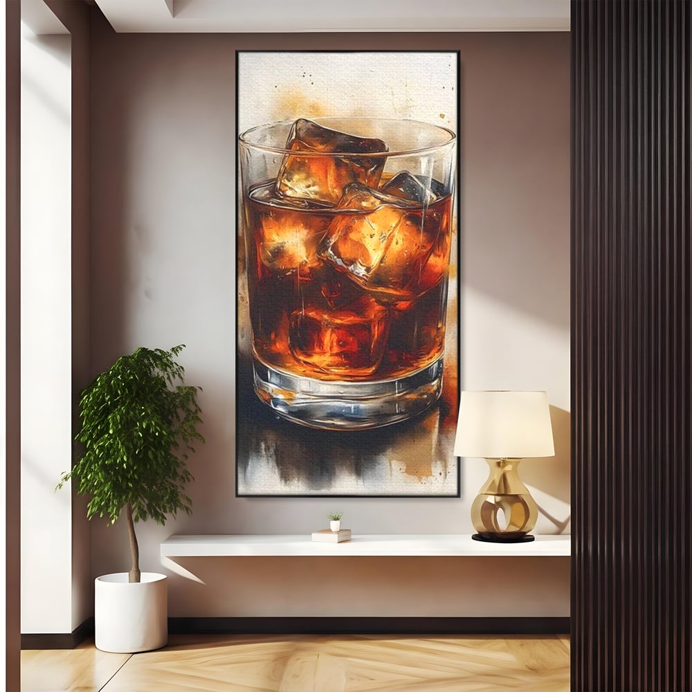 Leinwand Premium Canvas Wandkunst, LuxCanva® N1037, Nacht Glitter, Bourbon, Whisky, Cuba Libre, Cocktail, Glas, Eis, Getränk, Luxus, Abend, Kneipe, Bar, Lounge, Restaurant, Küche