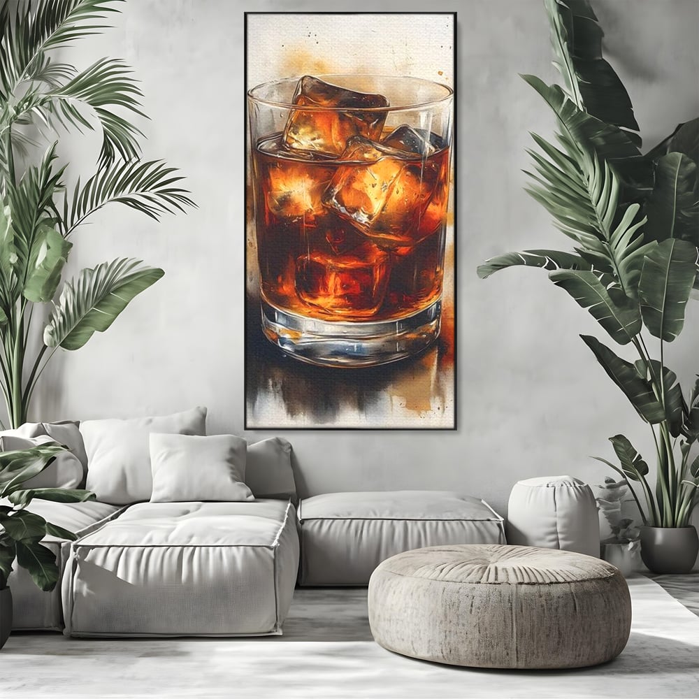 Leinwand Premium Canvas Wandkunst, LuxCanva® N1037, Nacht Glitter, Bourbon, Whisky, Cuba Libre, Cocktail, Glas, Eis, Getränk, Luxus, Abend, Kneipe, Bar, Lounge, Restaurant, Küche