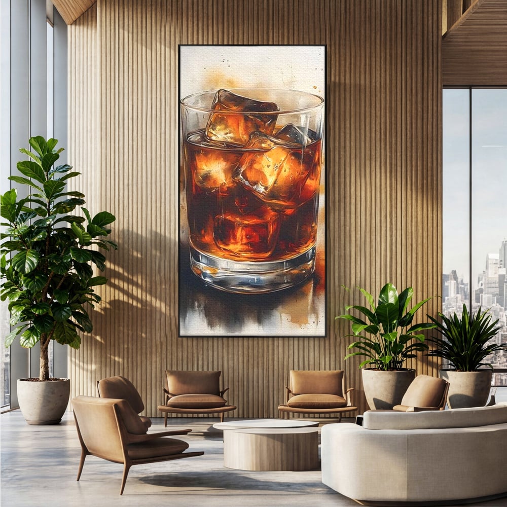 Leinwand Premium Canvas Wandkunst, LuxCanva® N1037, Nacht Glitter, Bourbon, Whisky, Cuba Libre, Cocktail, Glas, Eis, Getränk, Luxus, Abend, Kneipe, Bar, Lounge, Restaurant, Küche