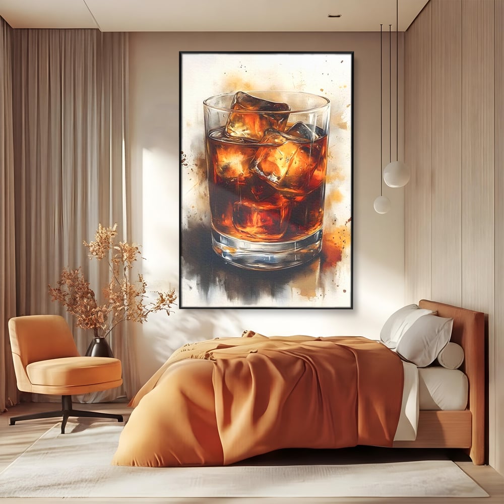 Leinwand Premium Canvas Wandkunst, LuxCanva® N1037, Nacht Glitter, Bourbon, Whisky, Cuba Libre, Cocktail, Glas, Eis, Getränk, Luxus, Abend, Kneipe, Bar, Lounge, Restaurant, Küche