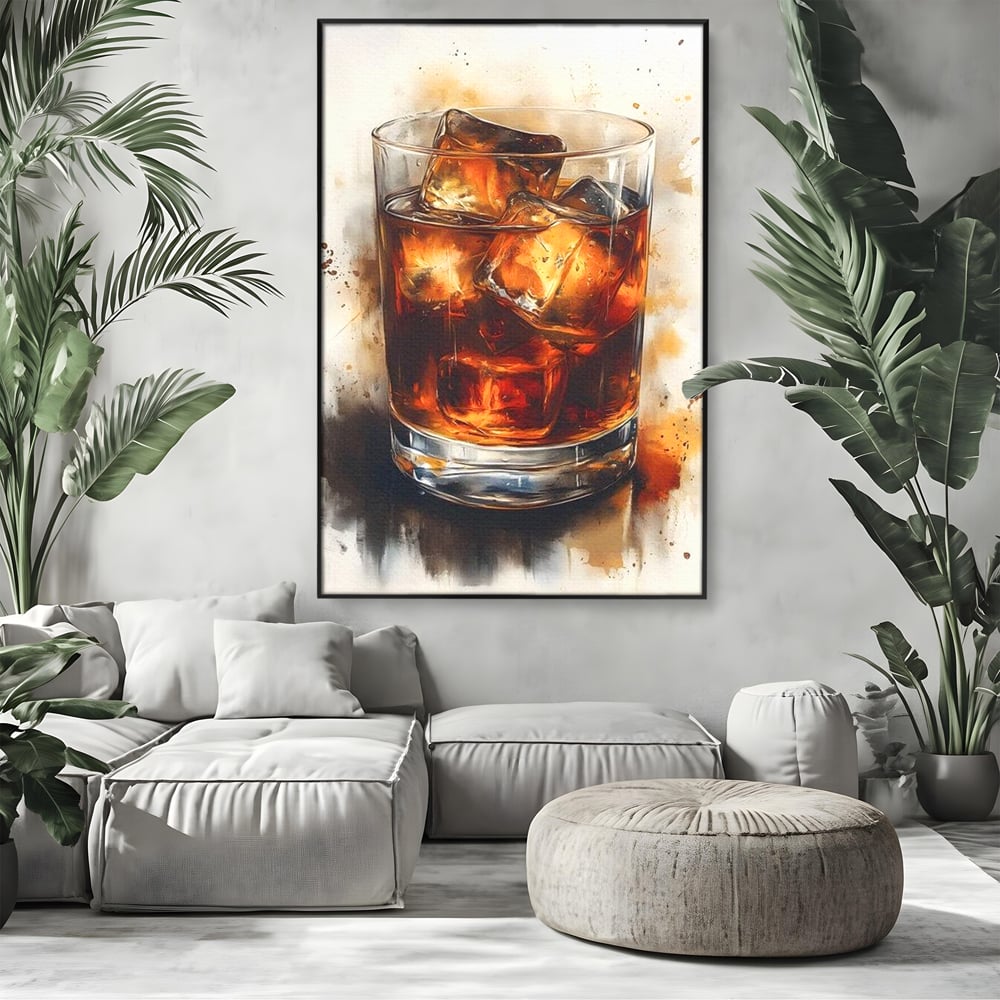 Leinwand Premium Canvas Wandkunst, LuxCanva® N1037, Nacht Glitter, Bourbon, Whisky, Cuba Libre, Cocktail, Glas, Eis, Getränk, Luxus, Abend, Kneipe, Bar, Lounge, Restaurant, Küche