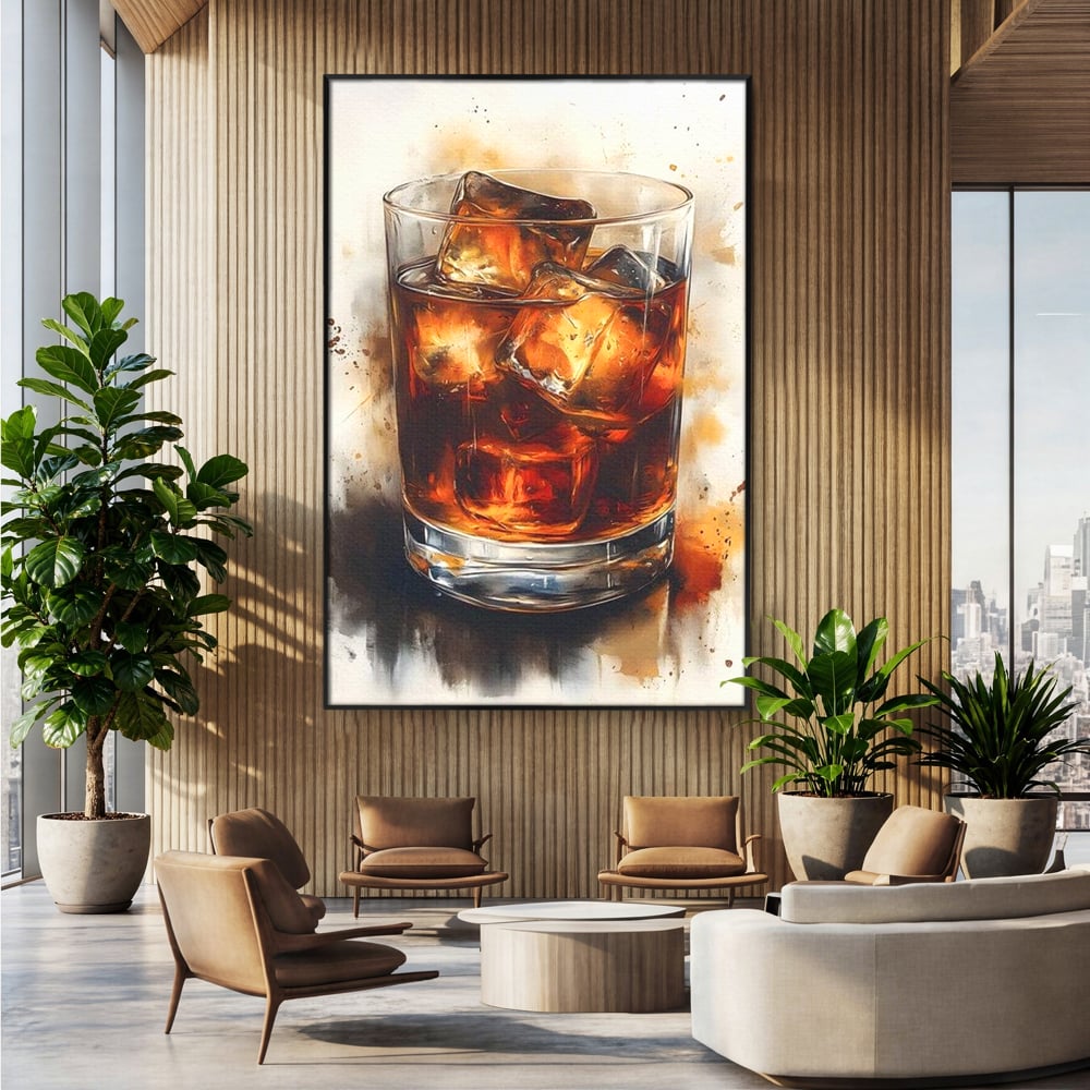 Leinwand Premium Canvas Wandkunst, LuxCanva® N1037, Nacht Glitter, Bourbon, Whisky, Cuba Libre, Cocktail, Glas, Eis, Getränk, Luxus, Abend, Kneipe, Bar, Lounge, Restaurant, Küche