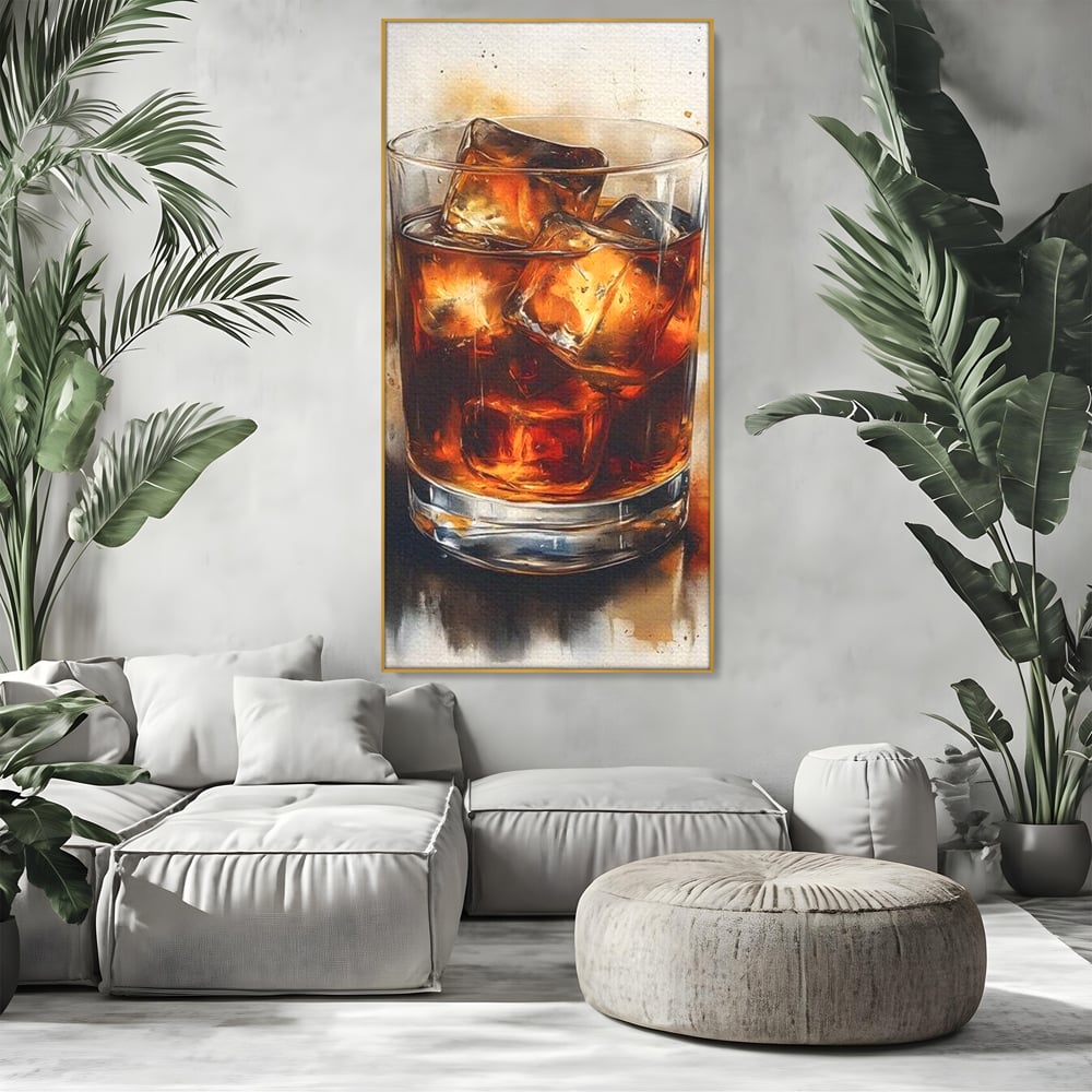 Leinwand Premium Canvas Wandkunst, LuxCanva® N1037, Nacht Glitter, Bourbon, Whisky, Cuba Libre, Cocktail, Glas, Eis, Getränk, Luxus, Abend, Kneipe, Bar, Lounge, Restaurant, Küche