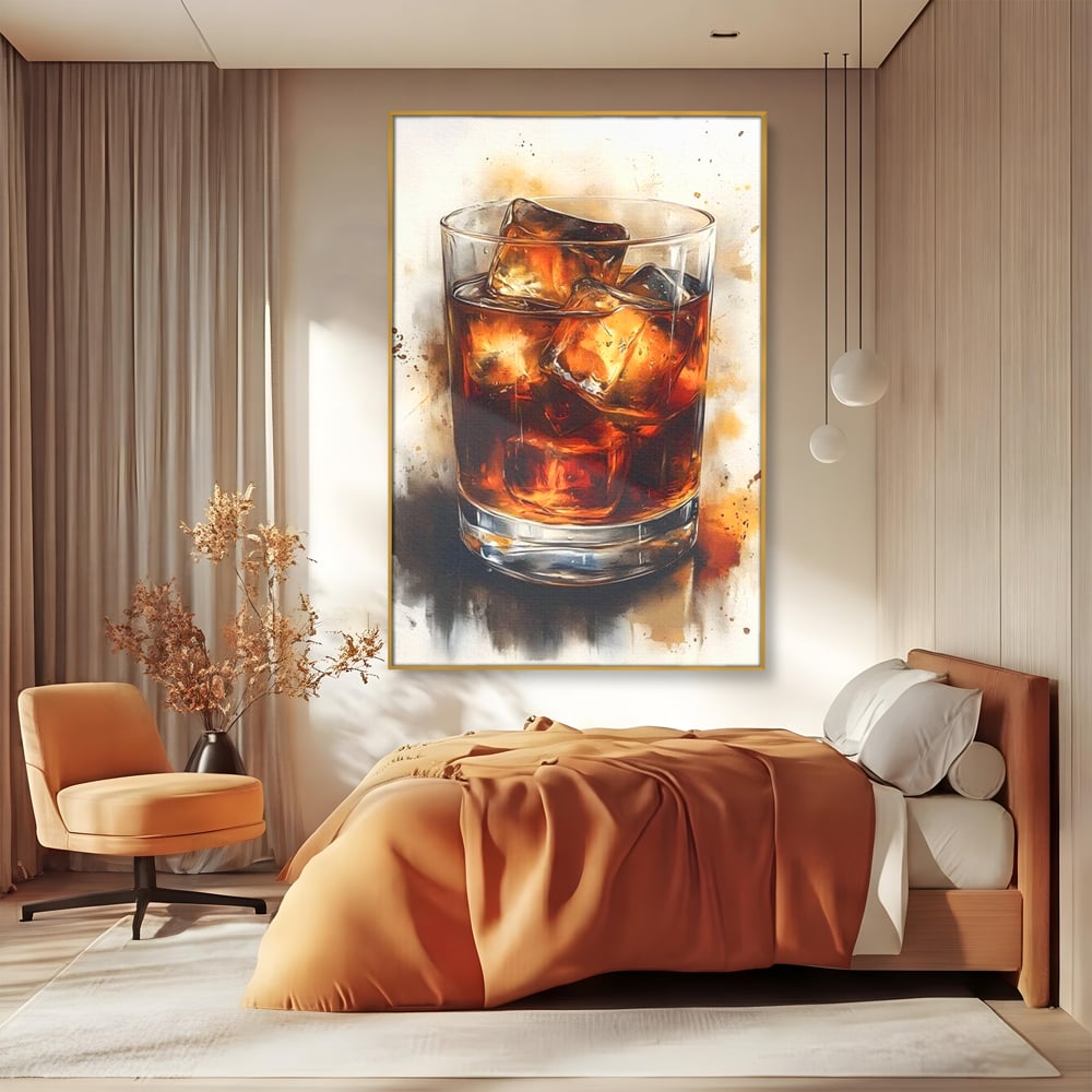 Leinwand Premium Canvas Wandkunst, LuxCanva® N1037, Nacht Glitter, Bourbon, Whisky, Cuba Libre, Cocktail, Glas, Eis, Getränk, Luxus, Abend, Kneipe, Bar, Lounge, Restaurant, Küche