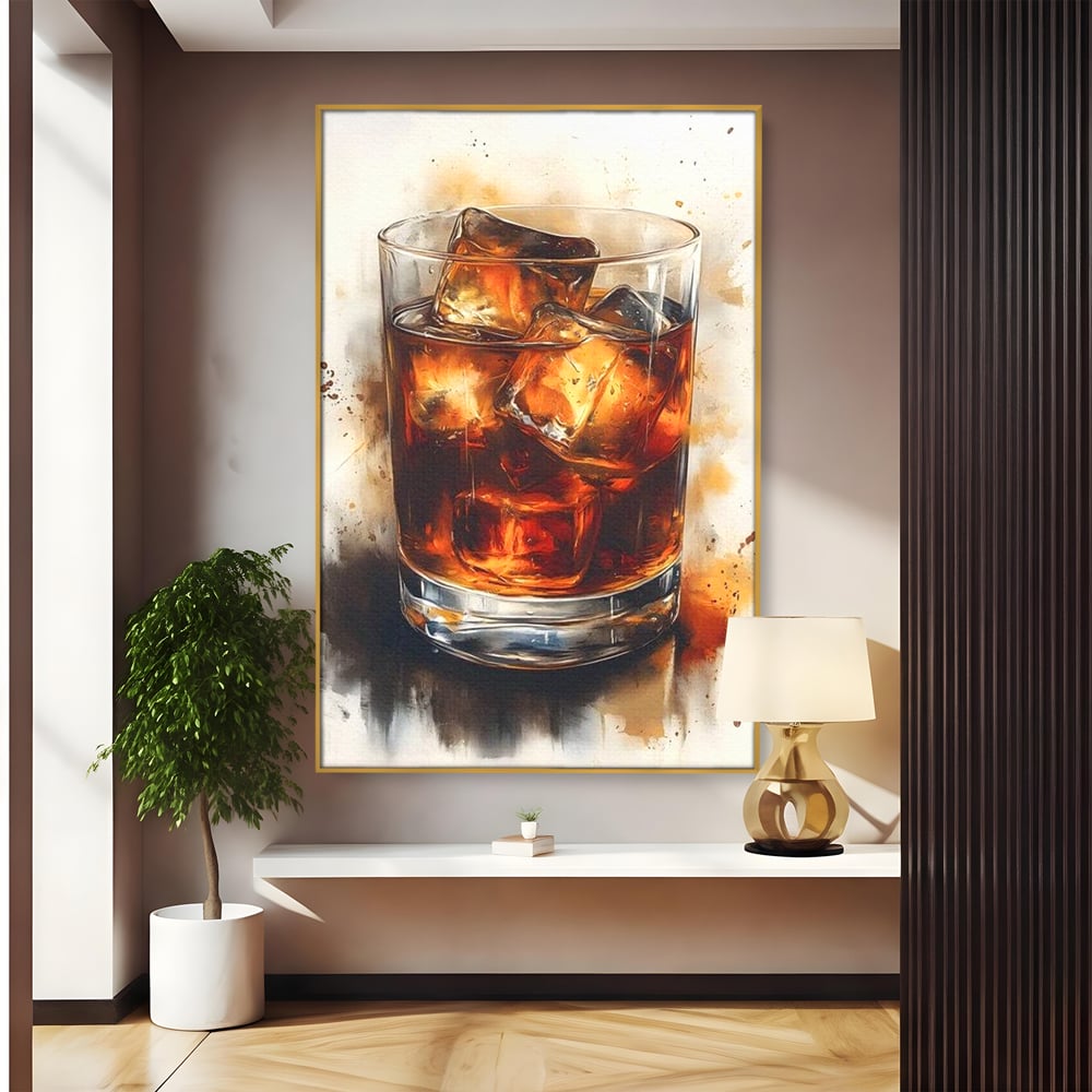 Leinwand Premium Canvas Wandkunst, LuxCanva® N1037, Nacht Glitter, Bourbon, Whisky, Cuba Libre, Cocktail, Glas, Eis, Getränk, Luxus, Abend, Kneipe, Bar, Lounge, Restaurant, Küche
