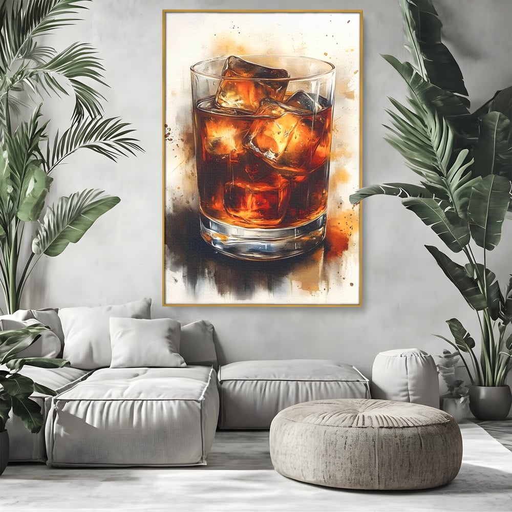Leinwand Premium Canvas Wandkunst, LuxCanva® N1037, Nacht Glitter, Bourbon, Whisky, Cuba Libre, Cocktail, Glas, Eis, Getränk, Luxus, Abend, Kneipe, Bar, Lounge, Restaurant, Küche