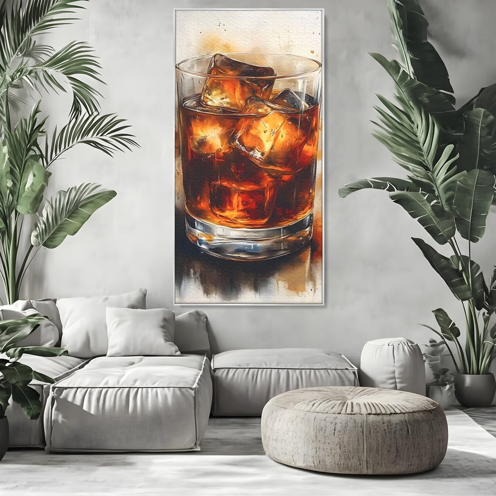 Leinwand Premium Canvas Wandkunst, LuxCanva® N1037, Nacht Glitter, Bourbon, Whisky, Cuba Libre, Cocktail, Glas, Eis, Getränk, Luxus, Abend, Kneipe, Bar, Lounge, Restaurant, Küche