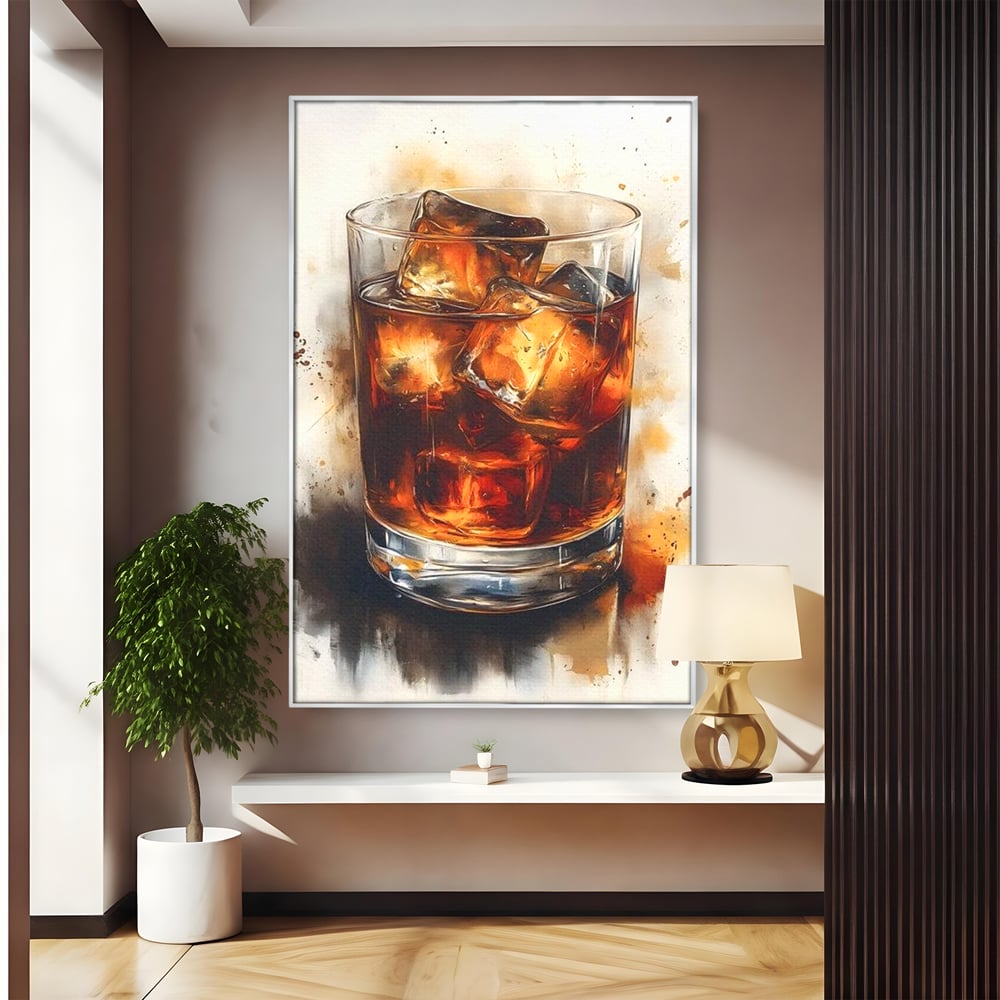 Leinwand Premium Canvas Wandkunst, LuxCanva® N1037, Nacht Glitter, Bourbon, Whisky, Cuba Libre, Cocktail, Glas, Eis, Getränk, Luxus, Abend, Kneipe, Bar, Lounge, Restaurant, Küche