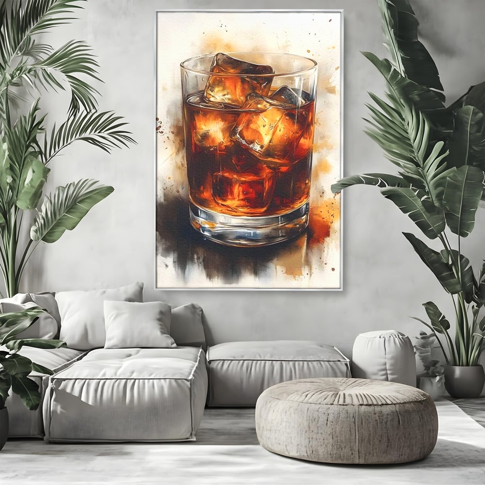 Leinwand Premium Canvas Wandkunst, LuxCanva® N1037, Nacht Glitter, Bourbon, Whisky, Cuba Libre, Cocktail, Glas, Eis, Getränk, Luxus, Abend, Kneipe, Bar, Lounge, Restaurant, Küche