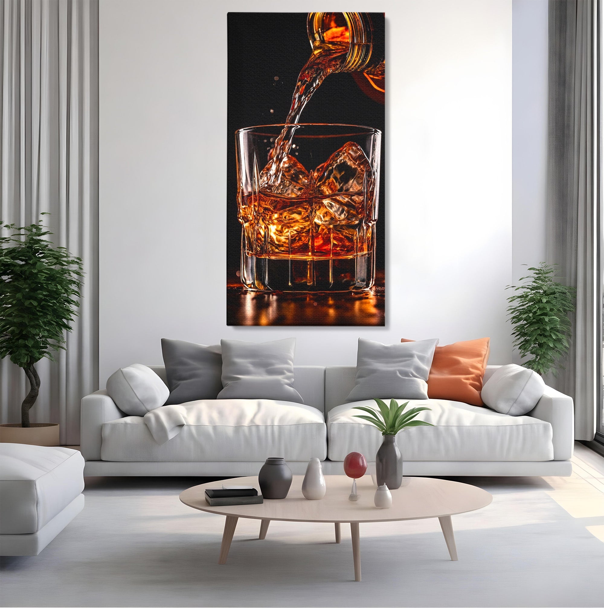 Tablou Canvas Premium LuxCanva® N1038, Cascada de Whiskey, Whisky, Pahar, Bucatarie, Eleganta, Bautura, Culori Vibrante
