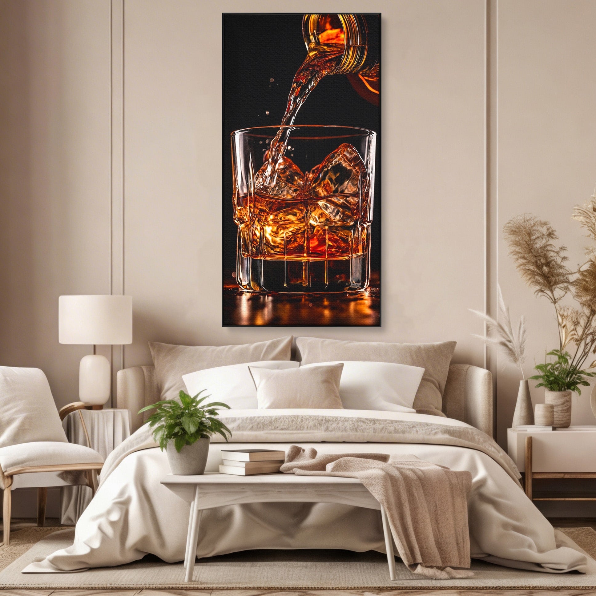 Tablou Canvas Premium LuxCanva® N1038, Cascada de Whiskey, Whisky, Pahar, Bucatarie, Eleganta, Bautura, Culori Vibrante
