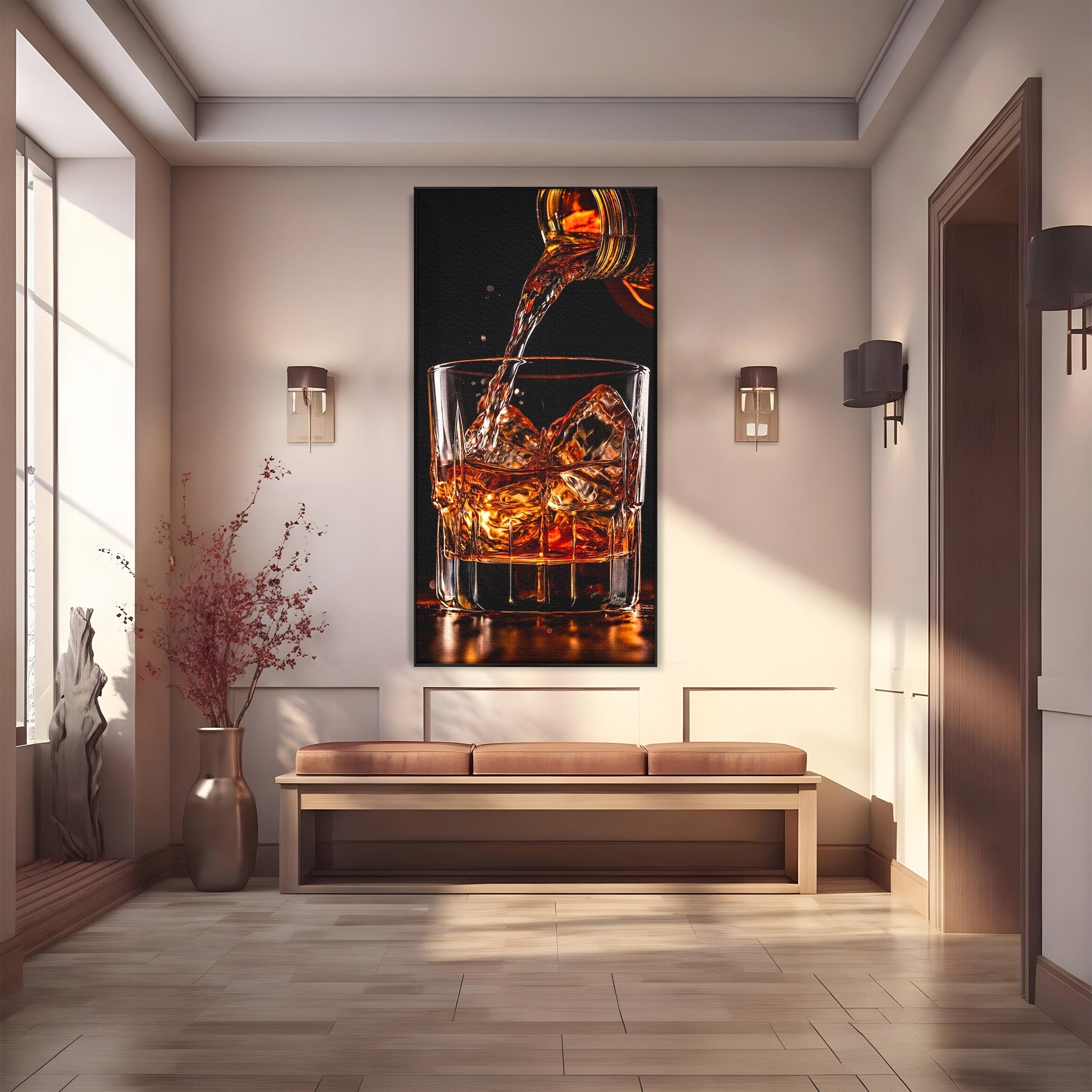 Tablou Canvas Premium LuxCanva® N1038, Cascada de Whiskey, Whisky, Pahar, Bucatarie, Eleganta, Bautura, Culori Vibrante