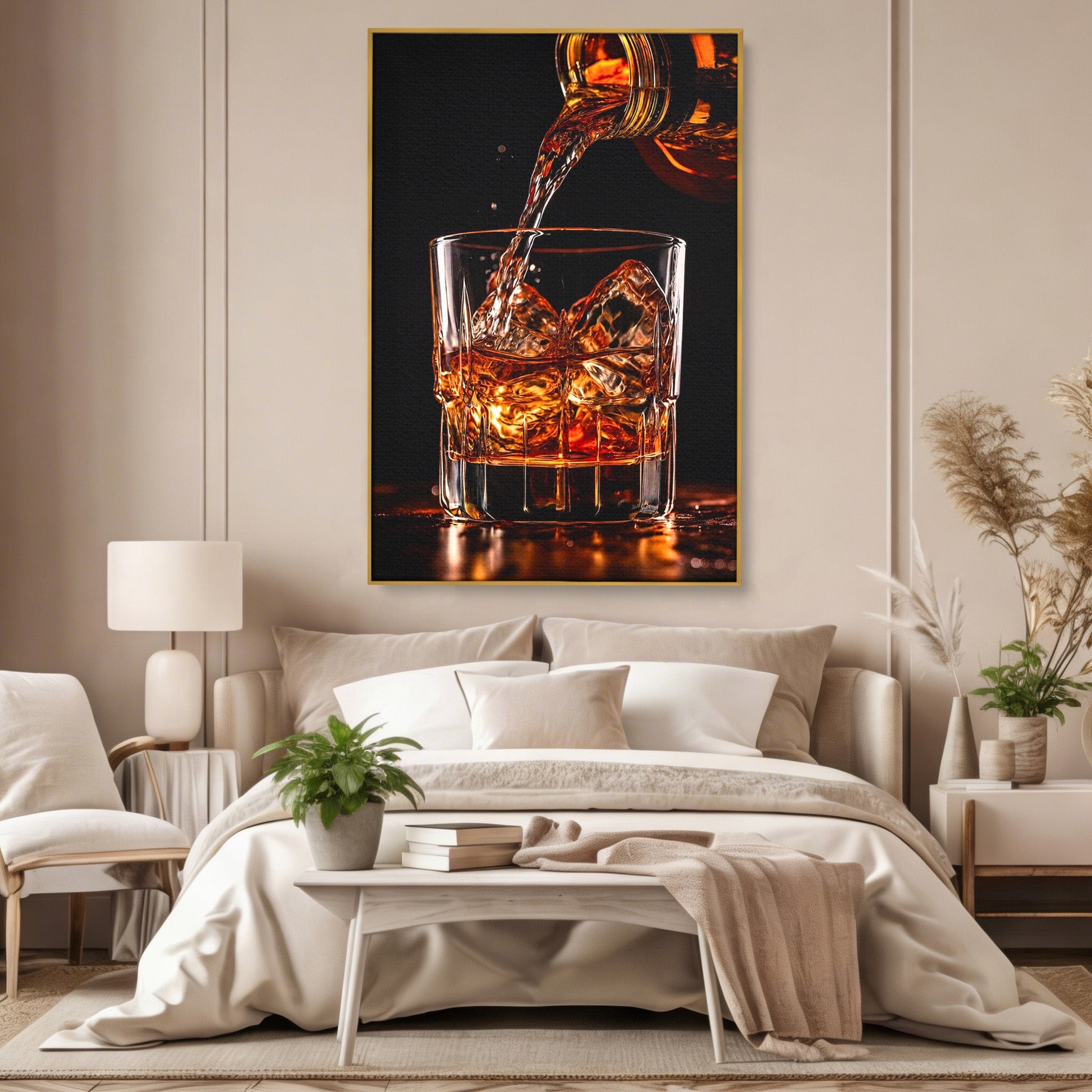Tablou Canvas Premium LuxCanva® N1038, Cascada de Whiskey, Whisky, Pahar, Bucatarie, Eleganta, Bautura, Culori Vibrante
