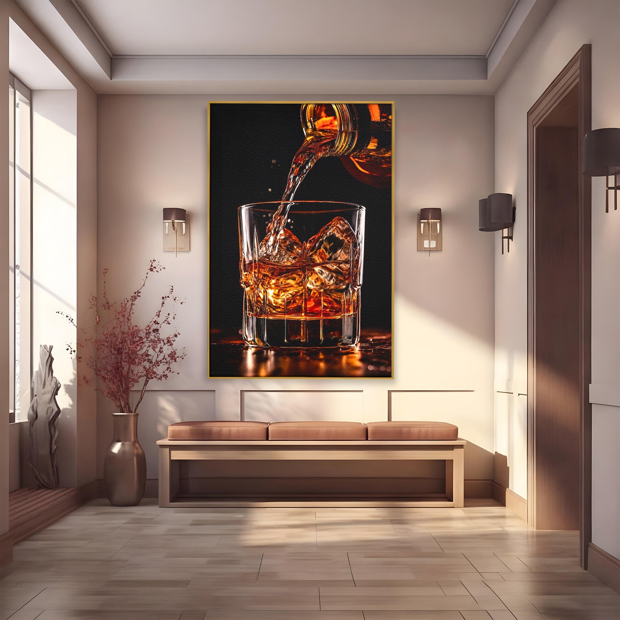 Tablou Canvas Premium LuxCanva® N1038, Cascada de Whiskey, Whisky, Pahar, Bucatarie, Eleganta, Bautura, Culori Vibrante