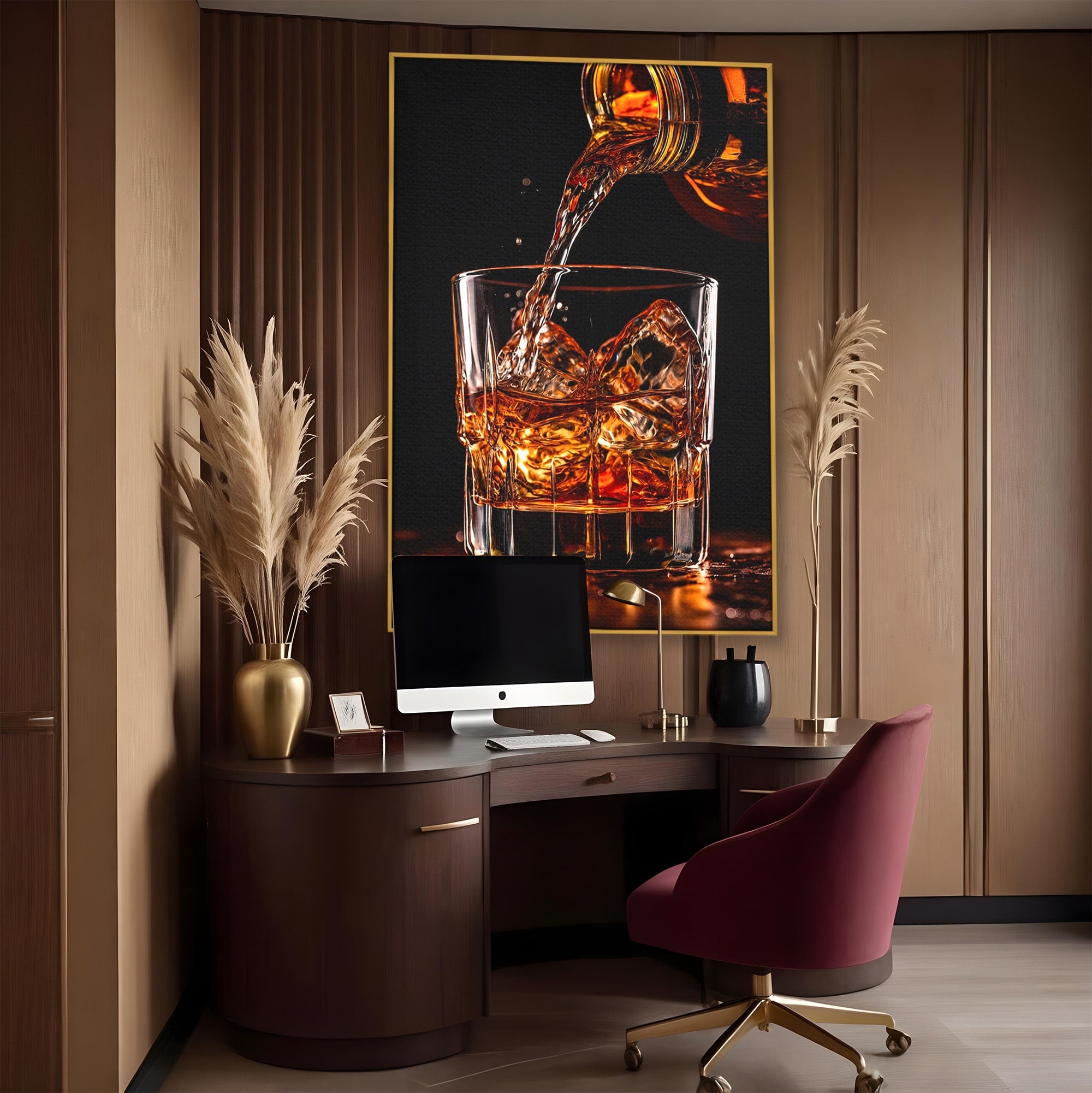 Tablou Canvas Premium LuxCanva® N1038, Cascada de Whiskey, Whisky, Pahar, Bucatarie, Eleganta, Bautura, Culori Vibrante
