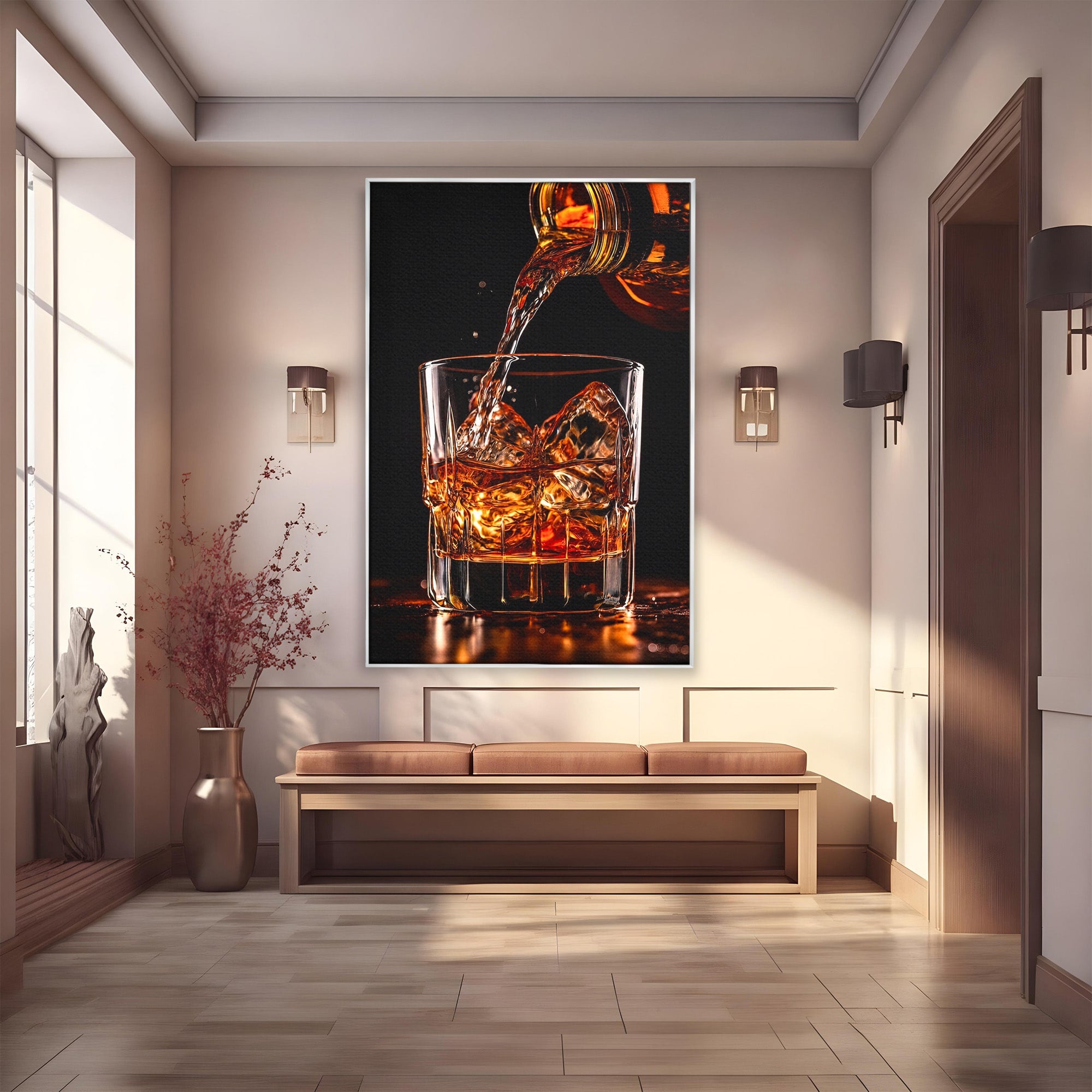 Tablou Canvas Premium LuxCanva® N1038, Cascada de Whiskey, Whisky, Pahar, Bucatarie, Eleganta, Bautura, Culori Vibrante