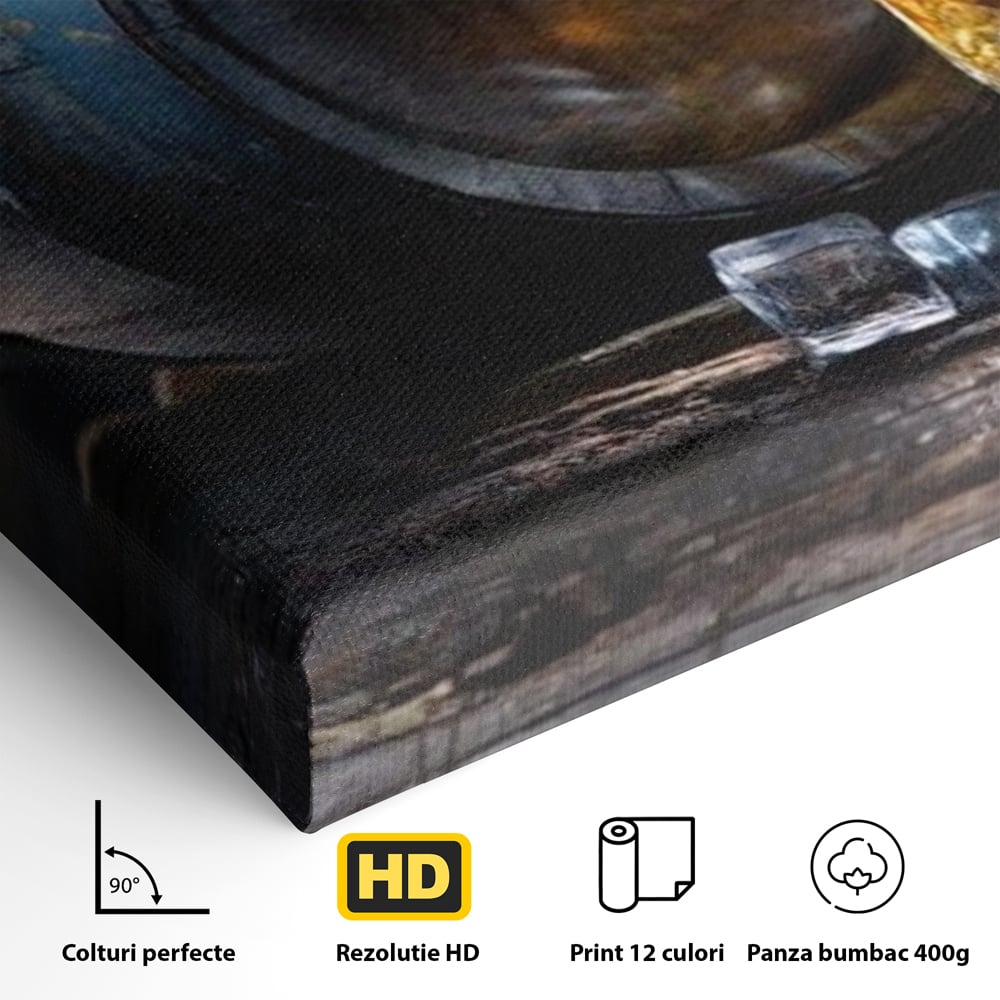 Tablou Canvas Premium, LuxCanva® N1039, Imbatranit cu Stil, Butoi, Lemn, Pahar, Gheata, Whisky, Stejar, Bautura, Traditie, Tarie, Pub, Bar, Lounge, Restaurant, Bucatarie
