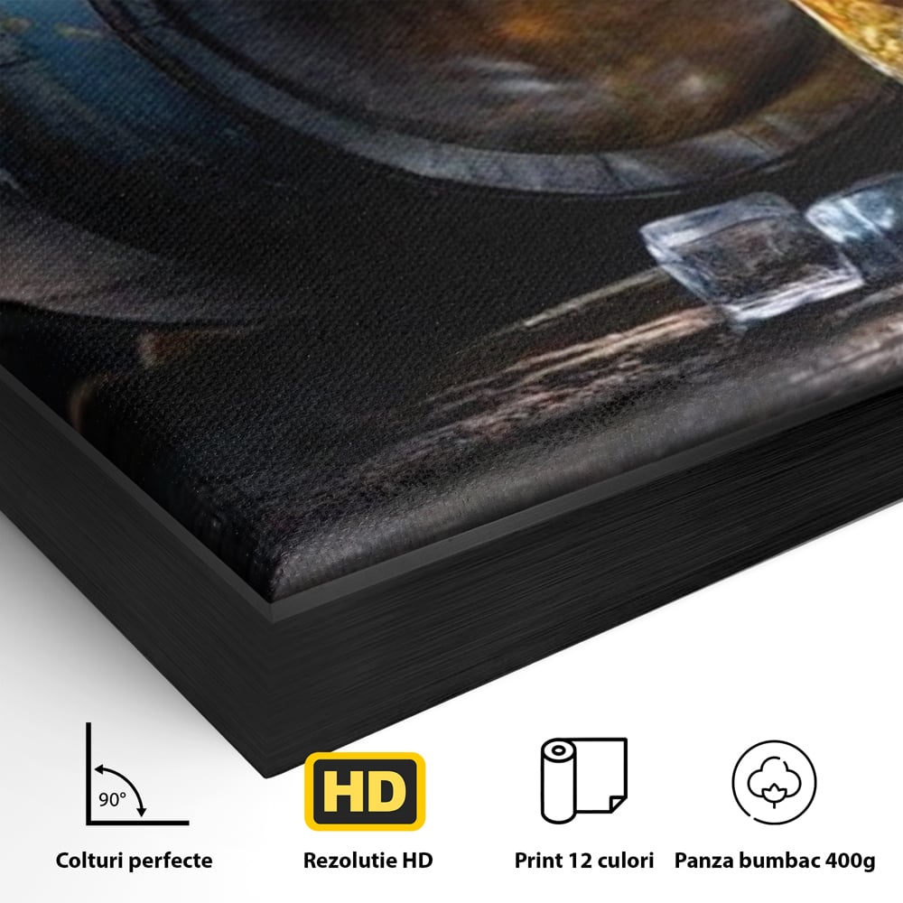 Tablou Canvas Premium, LuxCanva® N1039, Imbatranit cu Stil, Butoi, Lemn, Pahar, Gheata, Whisky, Stejar, Bautura, Traditie, Tarie, Pub, Bar, Lounge, Restaurant, Bucatarie