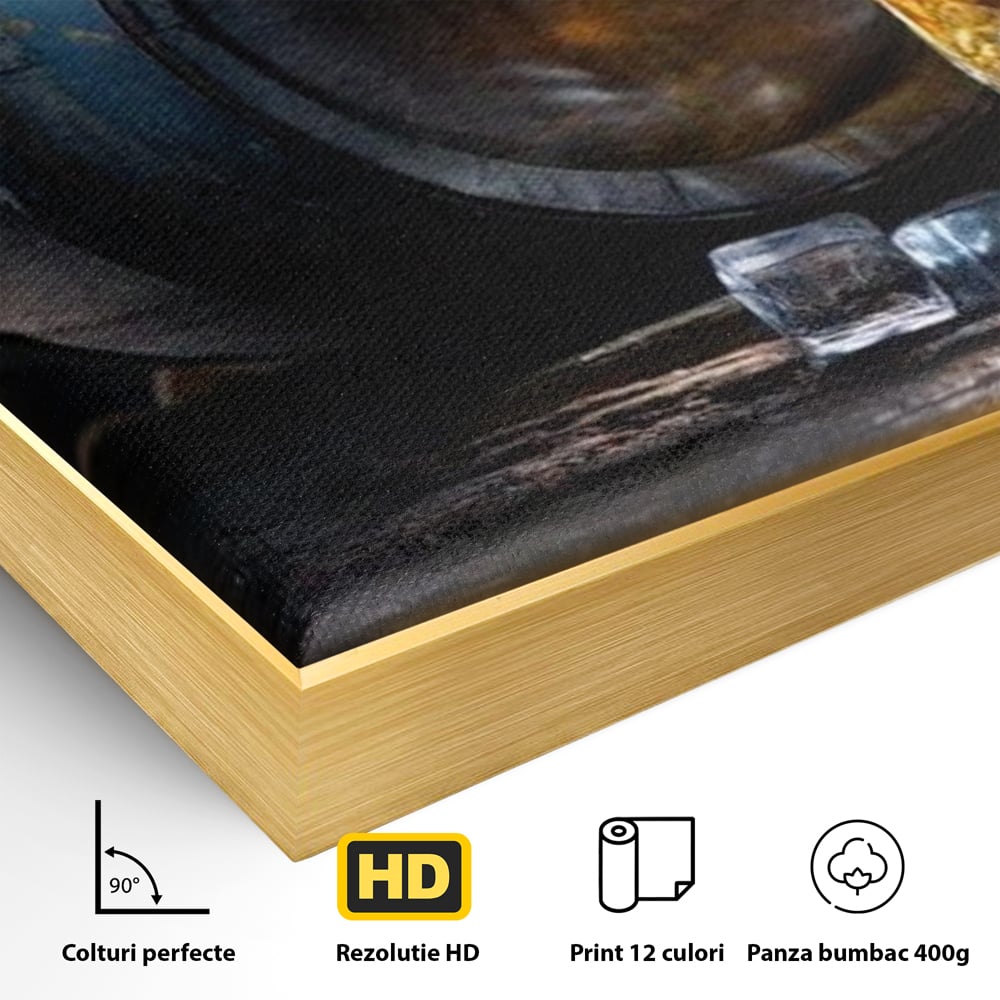Tablou Canvas Premium, LuxCanva® N1039, Imbatranit cu Stil, Butoi, Lemn, Pahar, Gheata, Whisky, Stejar, Bautura, Traditie, Tarie, Pub, Bar, Lounge, Restaurant, Bucatarie