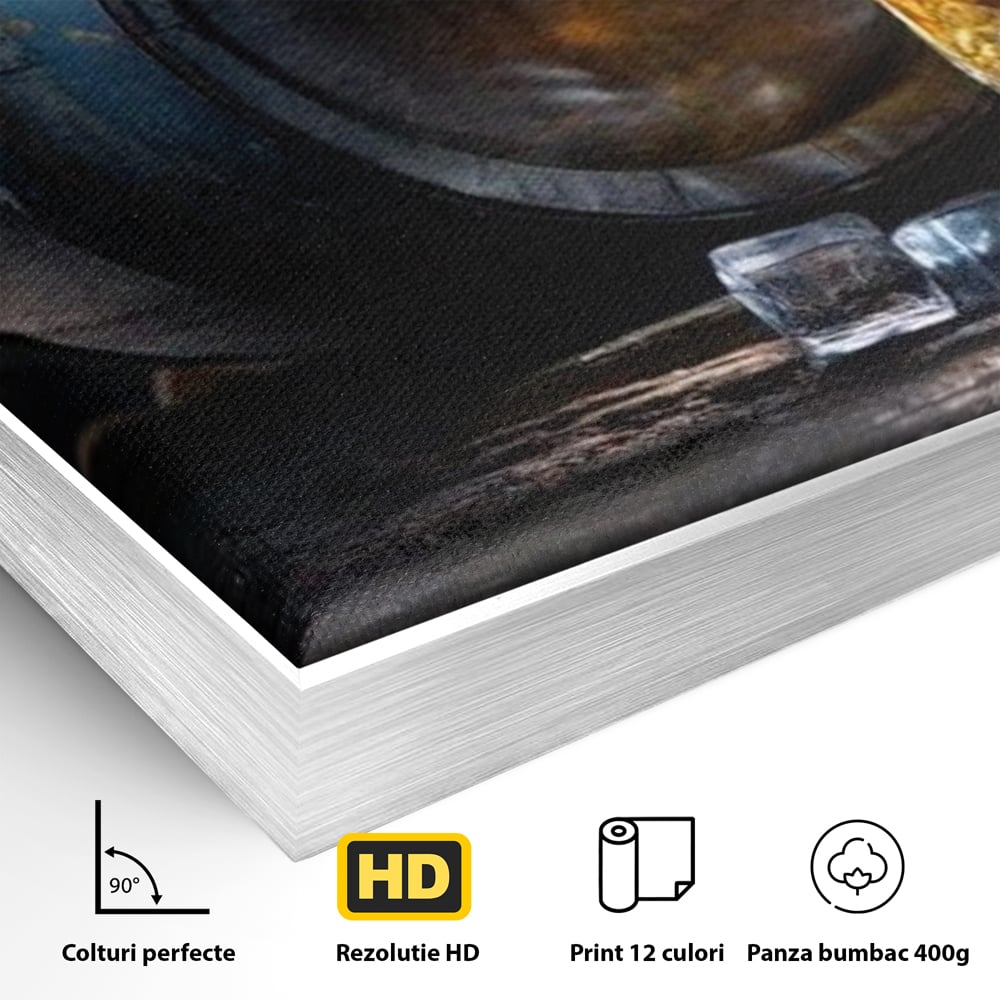 Tablou Canvas Premium, LuxCanva® N1039, Imbatranit cu Stil, Butoi, Lemn, Pahar, Gheata, Whisky, Stejar, Bautura, Traditie, Tarie, Pub, Bar, Lounge, Restaurant, Bucatarie